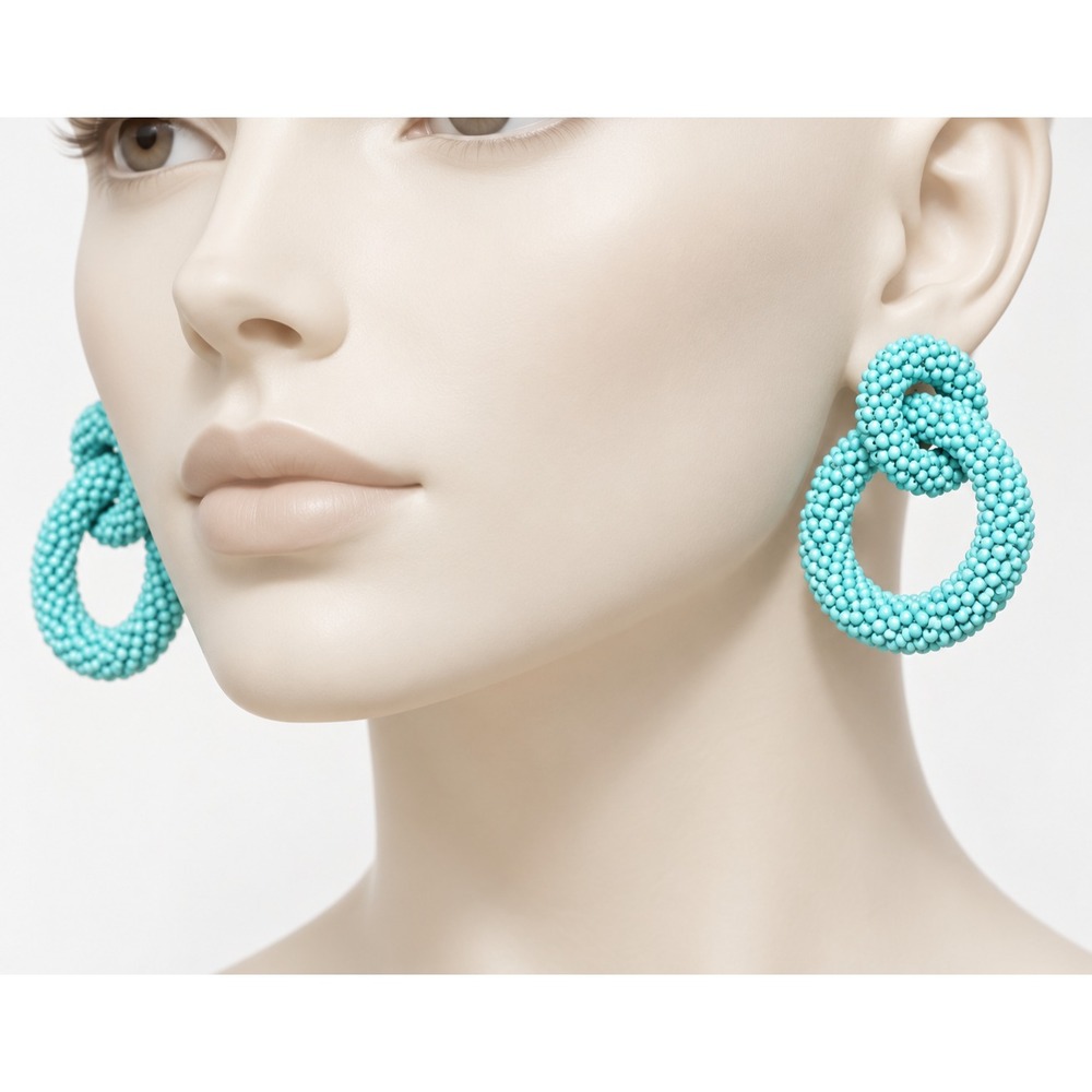 Blue Seed Bead Interlocking Link Dangle Post Earrings Statement Pierced